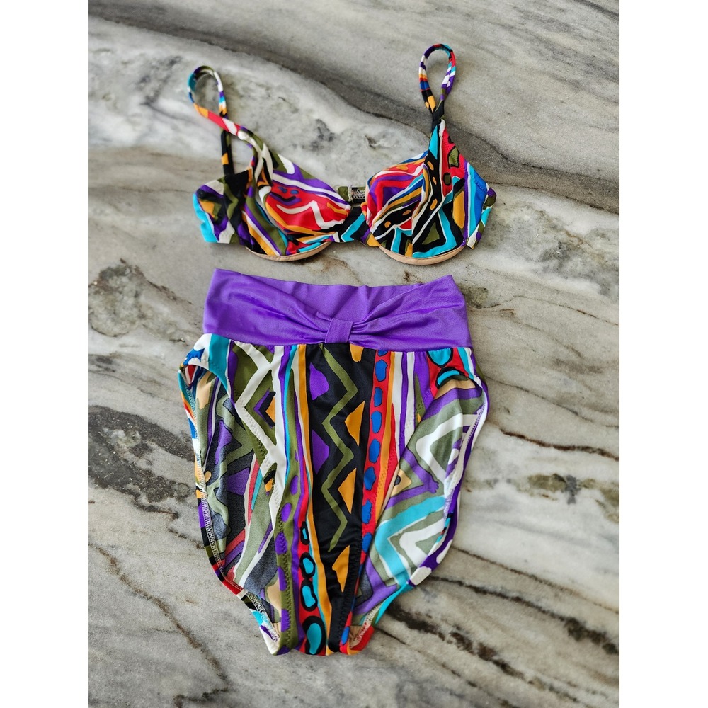 RARE!! DeWeese Vintage 80s High Waisted Bikini Set Abstract Geometric Print